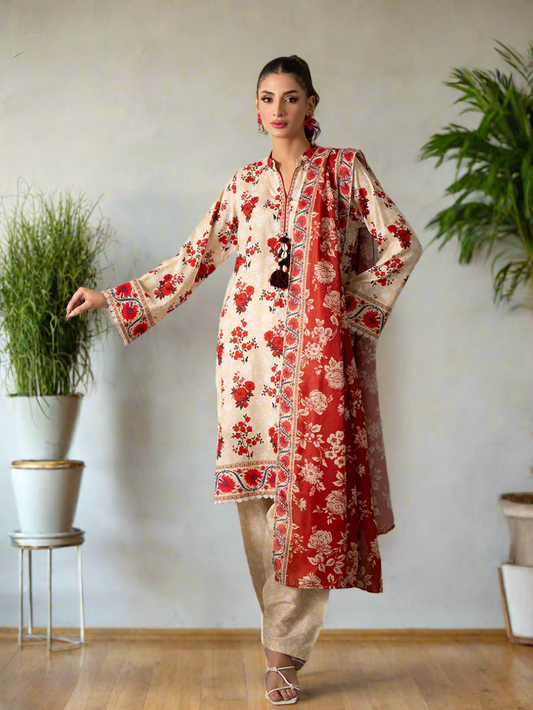 3pc Unstitched - Printed Lawn Silk Suit (ASI025)
