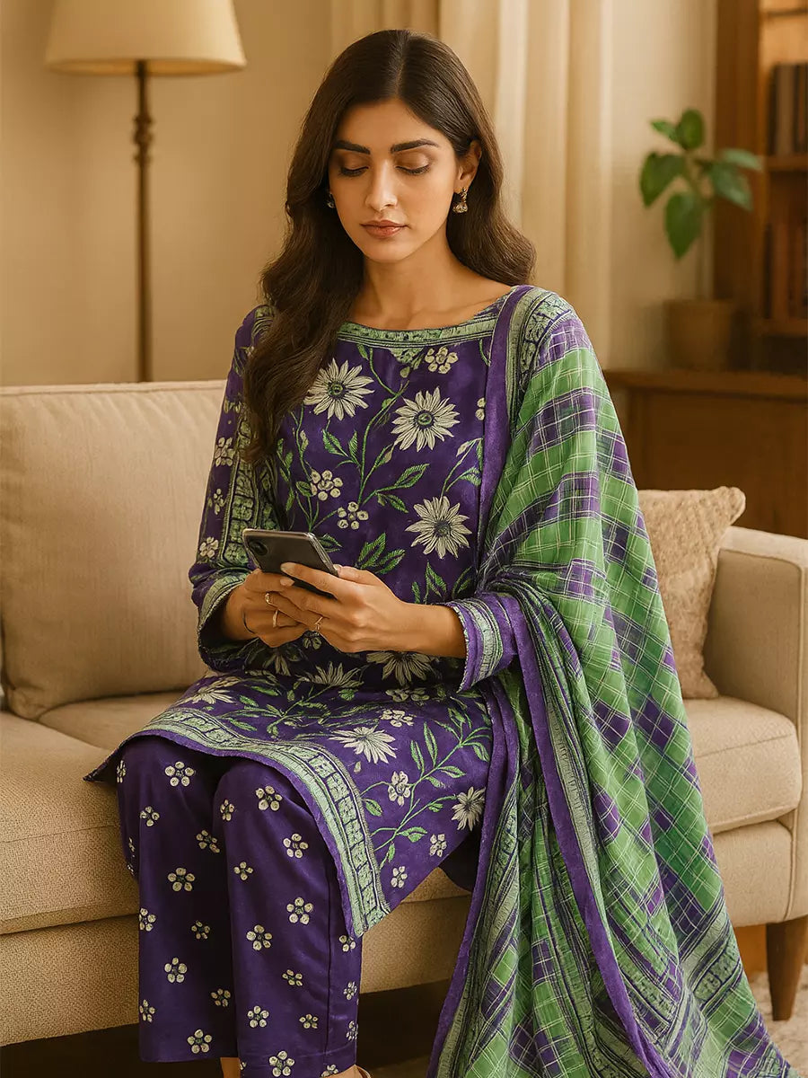 3PC Unstitched Printed Lawn Silk Suit (SUNS7ASI171)