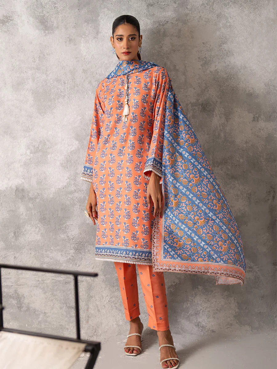 3pc Unstitched - Printed Lawn Silk Suit (ASI031)