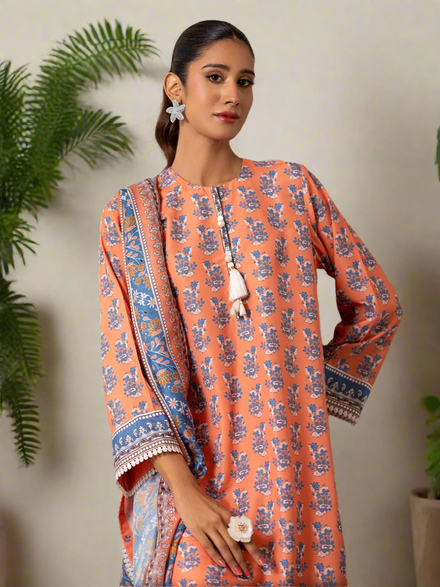 3pc Unstitched - Printed Lawn Silk Suit (ASI031)