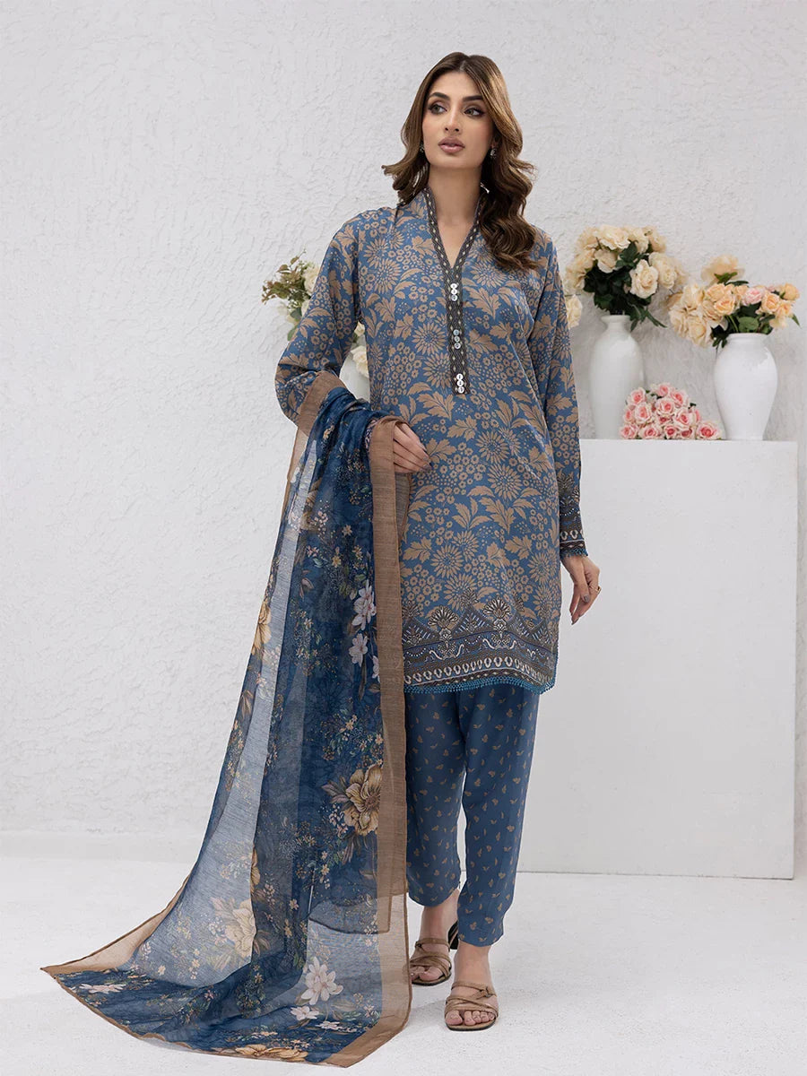 3PC Unstitched Printed Lawn Silk Suit (ASI073)