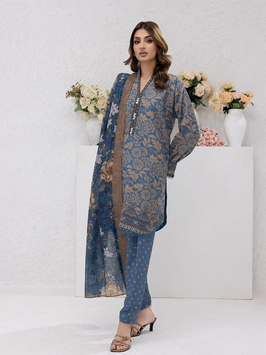3PC Unstitched Printed Lawn Silk Suit (ASI073)