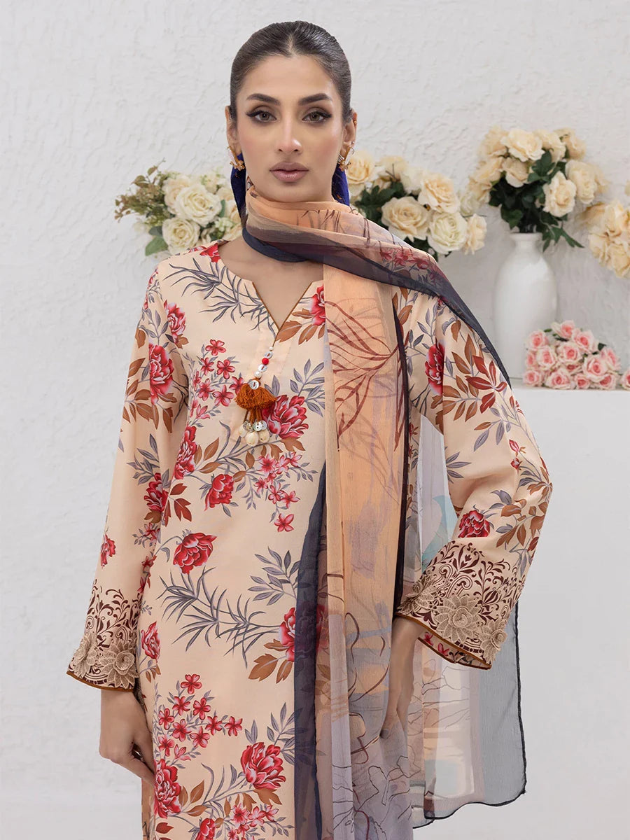 3pc Unstitched - Printed Lawn Silk Suit (ASI086)