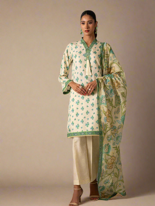 3pc Unstitched - Printed Lawn Silk Suit (ASI036)