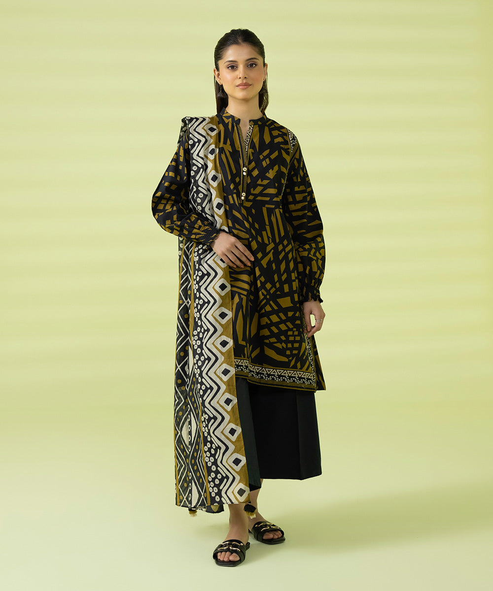 PRINTED LAWN SUIT - Black & Yellow
