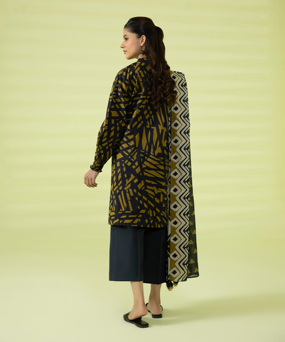 PRINTED LAWN SUIT - Black & Yellow