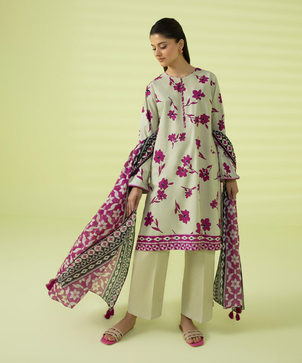 PRINTED LAWN SUIT - Off white & Magenta