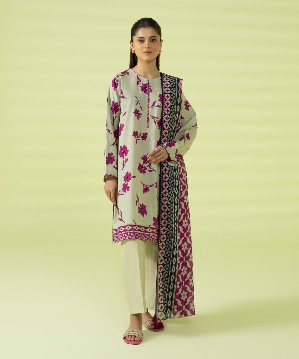 PRINTED LAWN SUIT - Off white & Magenta
