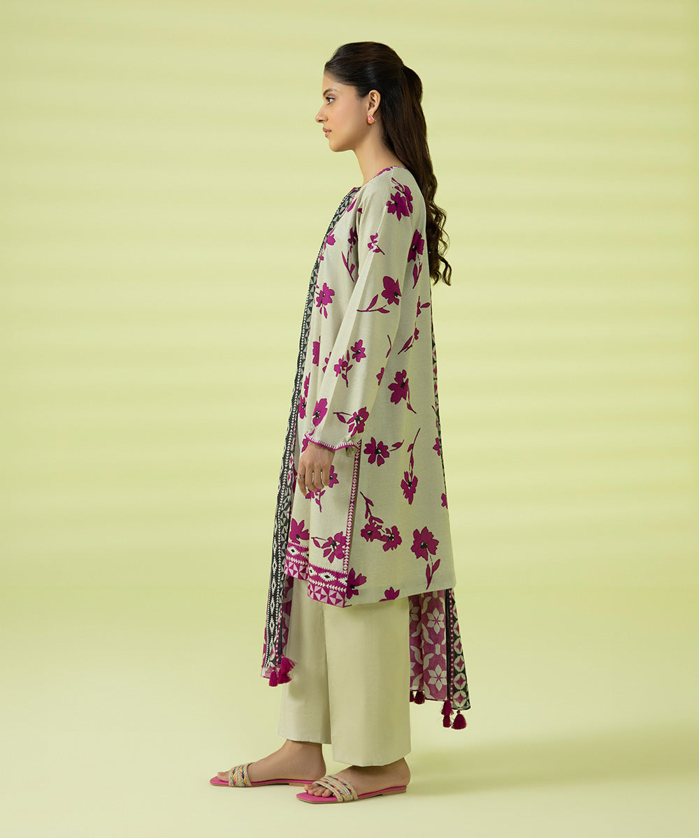 PRINTED LAWN SUIT - Off white & Magenta