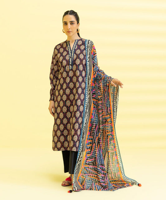 PRINTED LAWN SUIT - Black