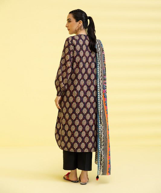 PRINTED LAWN SUIT - Black