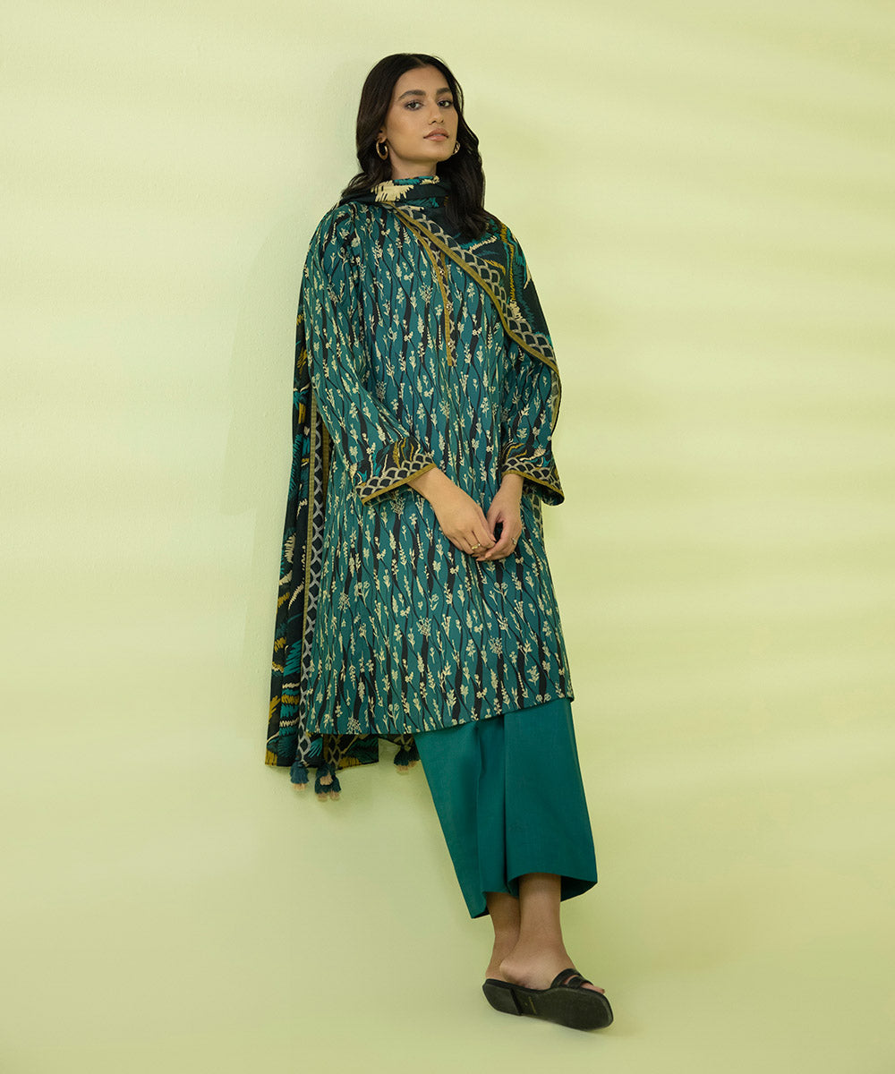 PRINTED LAWN SUIT - Teal Blue & Black