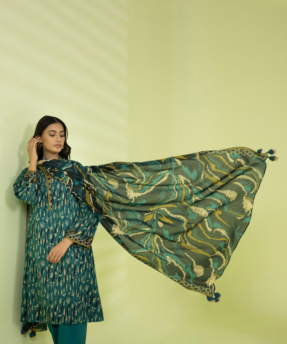 PRINTED LAWN SUIT - Teal Blue & Black