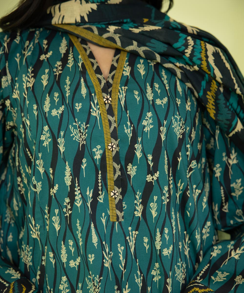 PRINTED LAWN SUIT - Teal Blue & Black