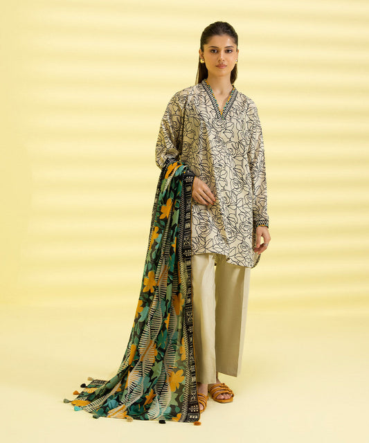 PRINTED LAWN SUIT - Ivory & Black