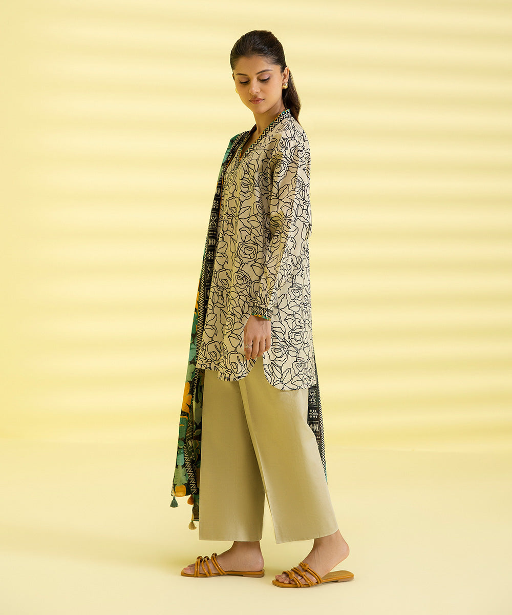 PRINTED LAWN SUIT - Ivory & Black