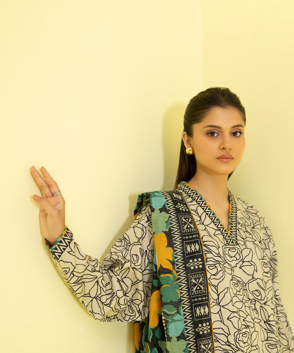 PRINTED LAWN SUIT - Ivory & Black
