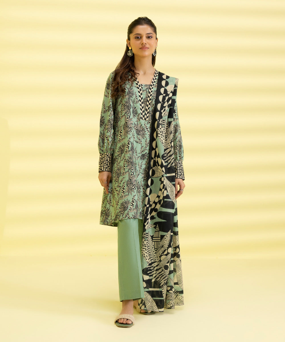 PRINTED LAWN SUIT - Pistachio & Black