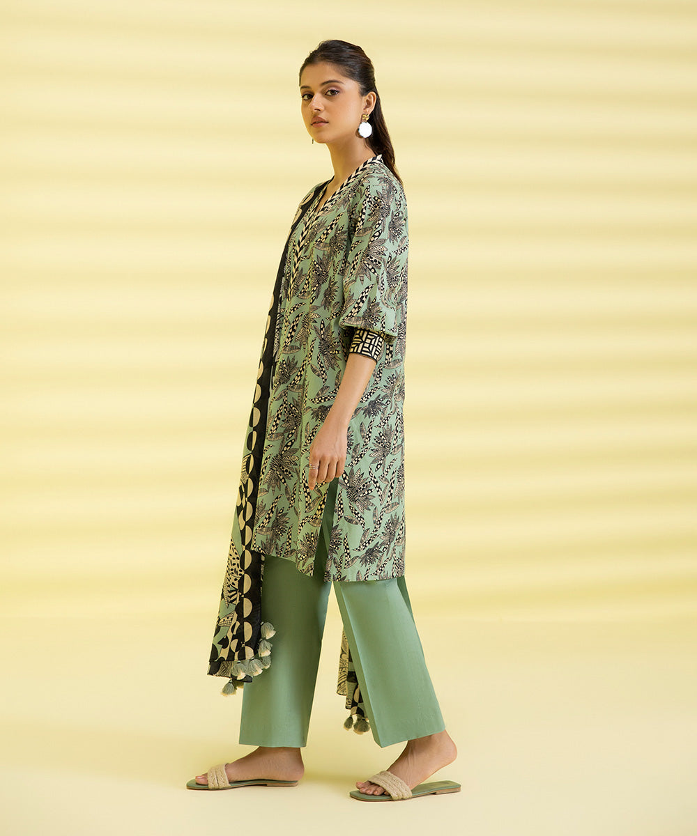 PRINTED LAWN SUIT - Pistachio & Black