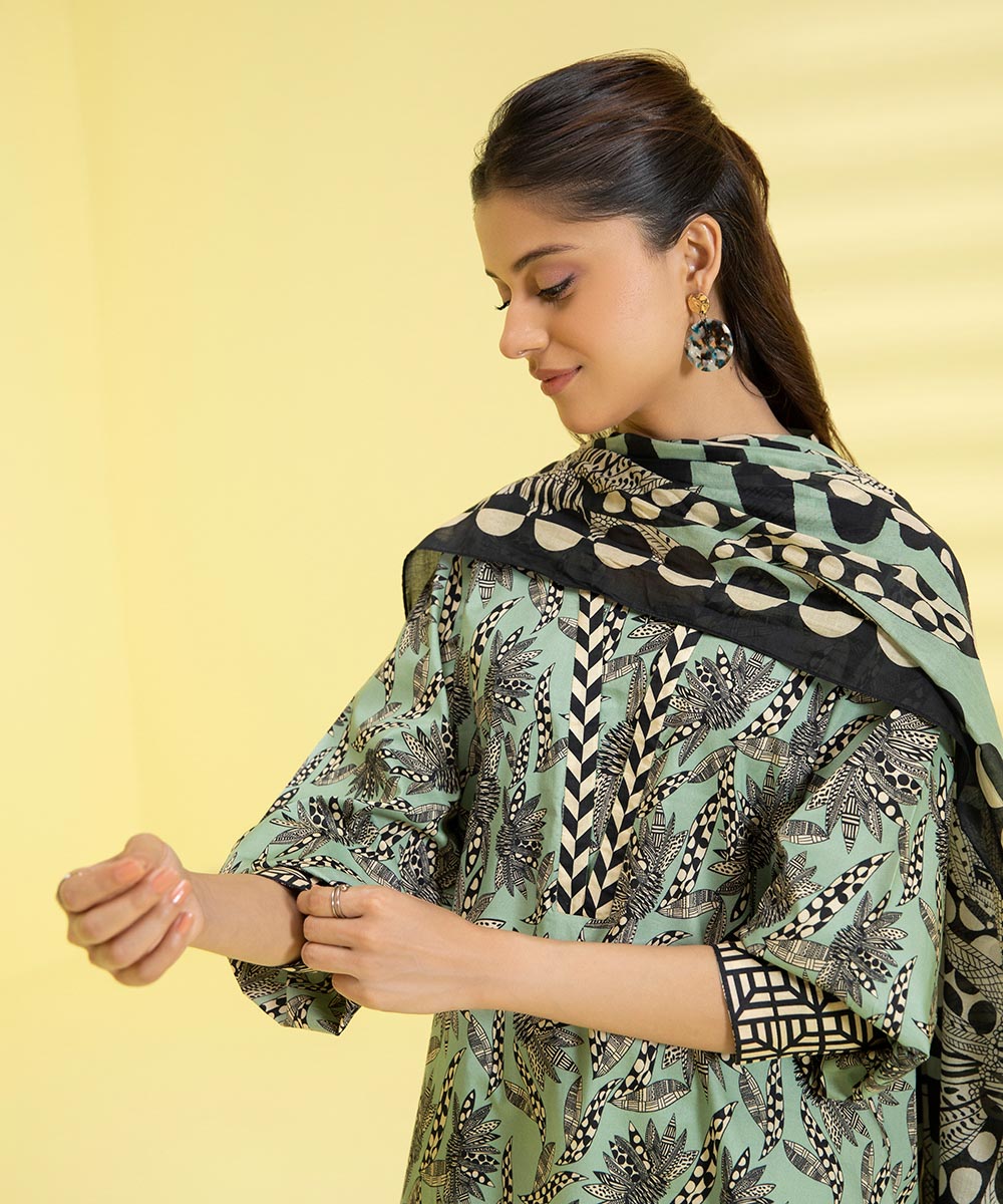 PRINTED LAWN SUIT - Pistachio & Black