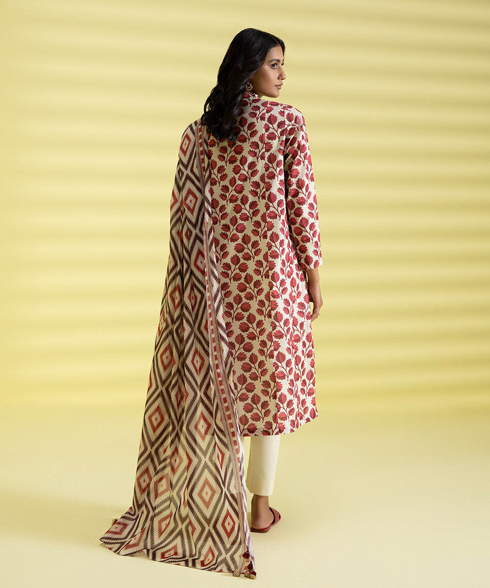 PRINTED LAWN SUIT - Red and Off white