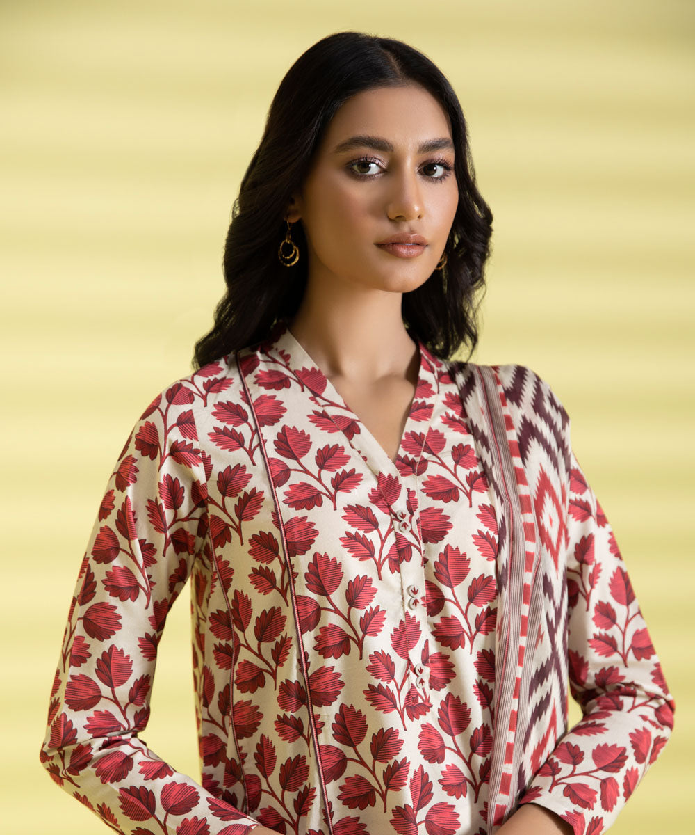 PRINTED LAWN SUIT - Red and Off white