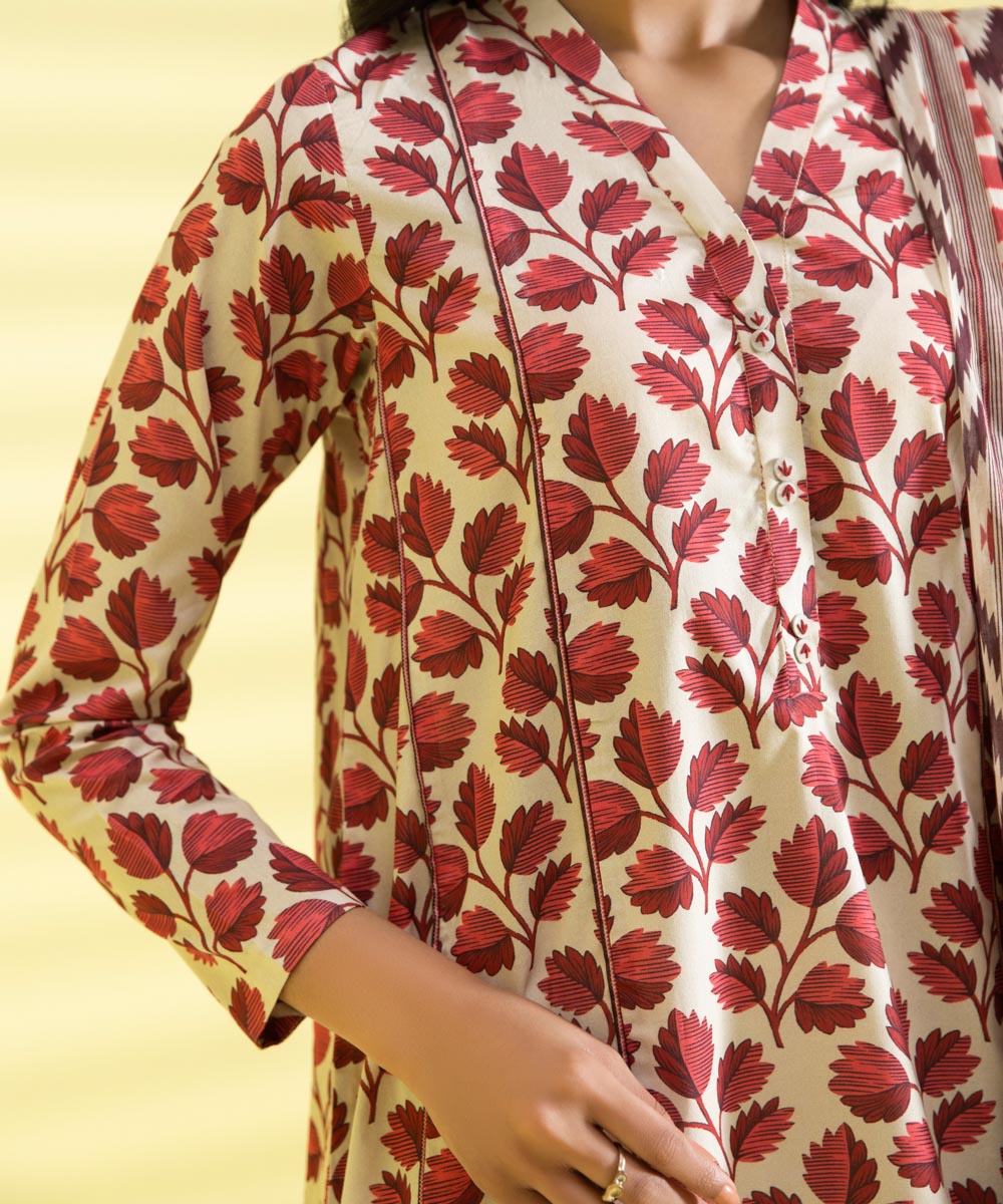 PRINTED LAWN SUIT - Red and Off white