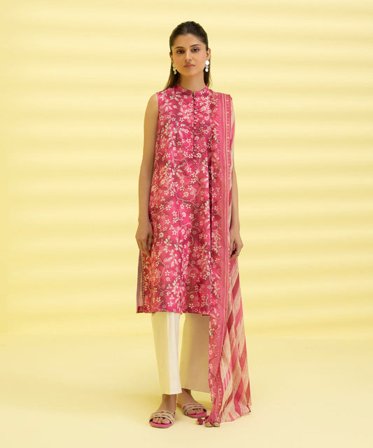 PRINTED LAWN SUIT - Magenta & Offwhite