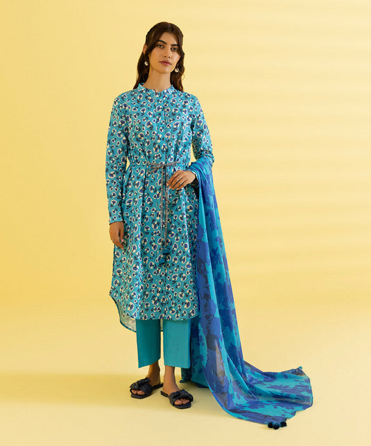 PRINTED LAWN SUIT - Cyan Blue