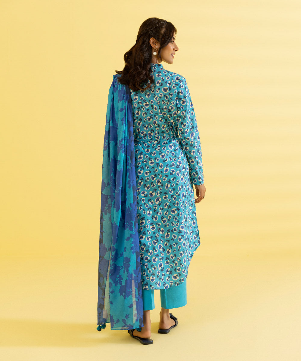 PRINTED LAWN SUIT - Cyan Blue