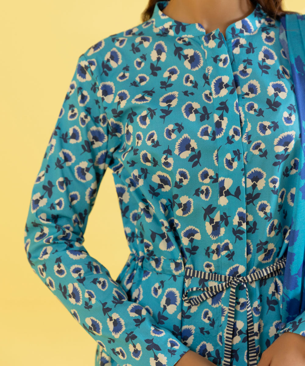 PRINTED LAWN SUIT - Cyan Blue
