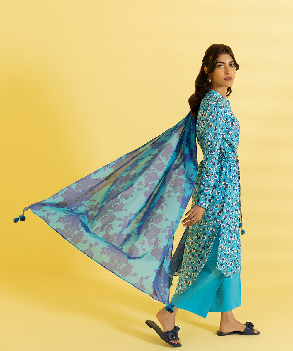 PRINTED LAWN SUIT - Cyan Blue