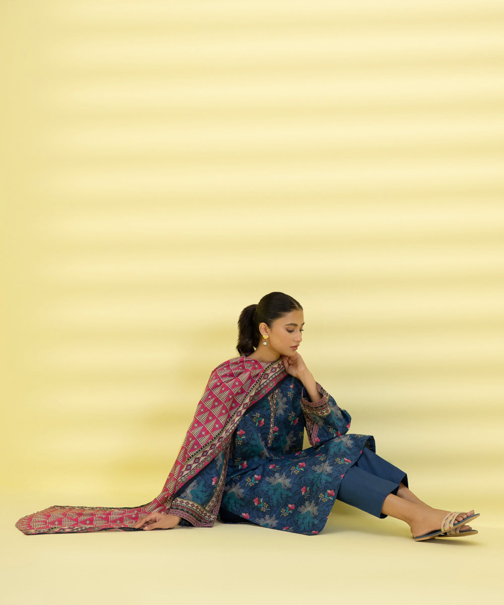 PRINTED LAWN SUIT - Stone Blue & Pink