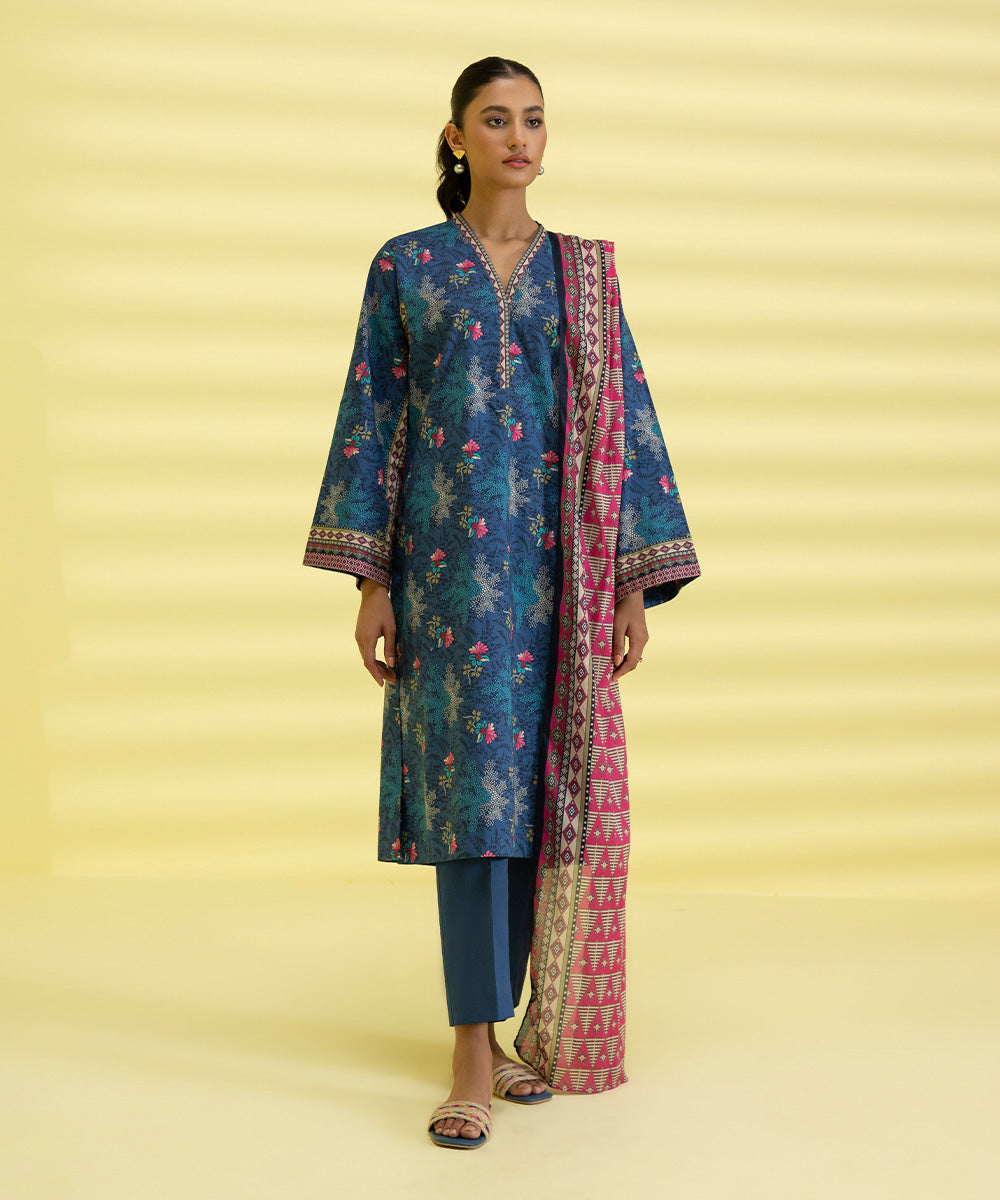 PRINTED LAWN SUIT - Stone Blue & Pink