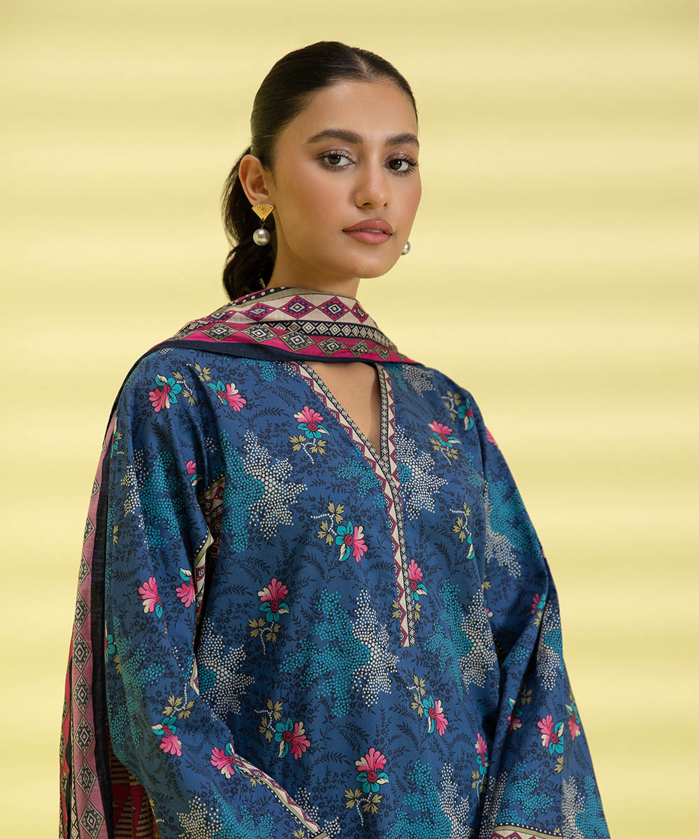 PRINTED LAWN SUIT - Stone Blue & Pink