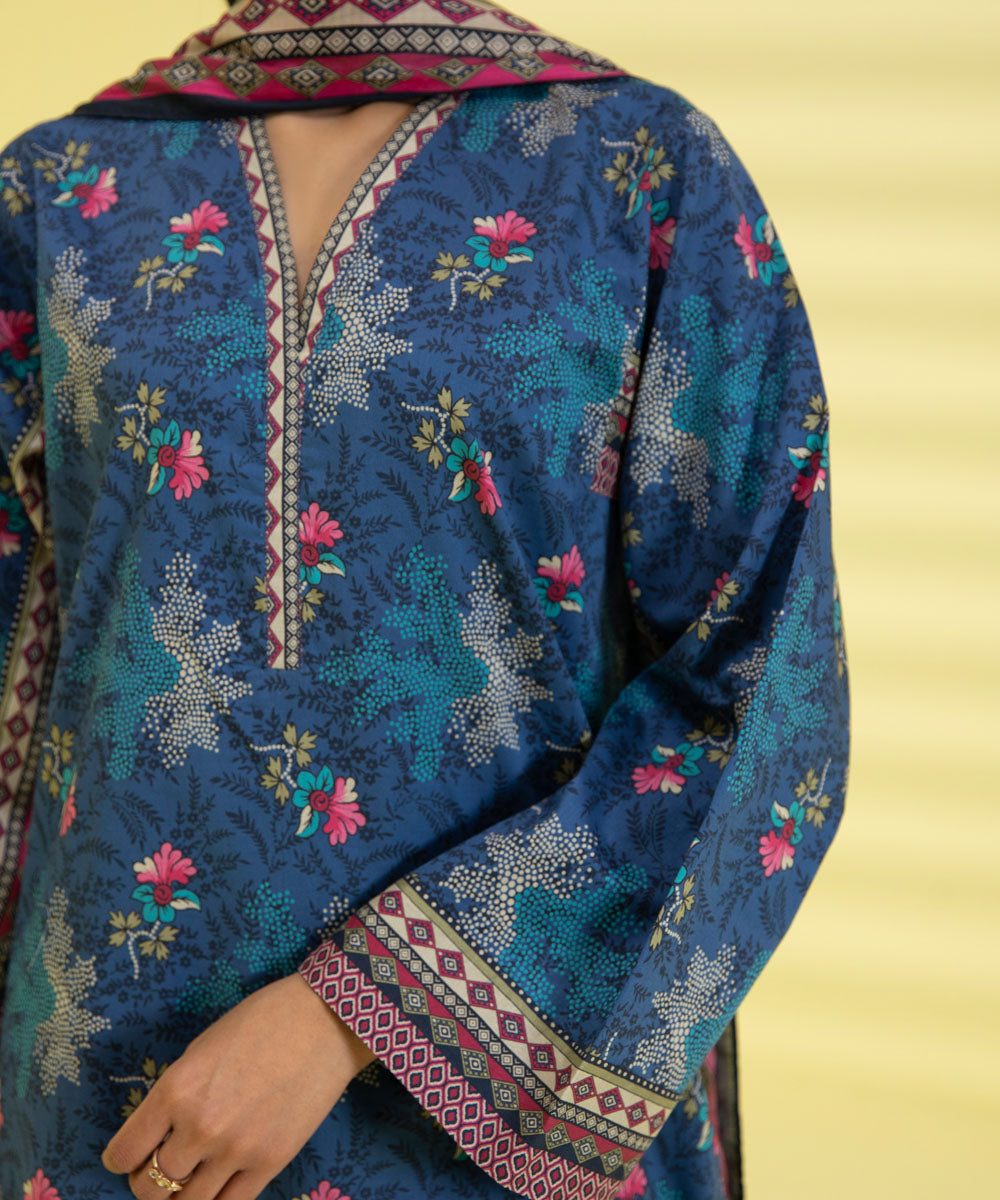 PRINTED LAWN SUIT - Stone Blue & Pink