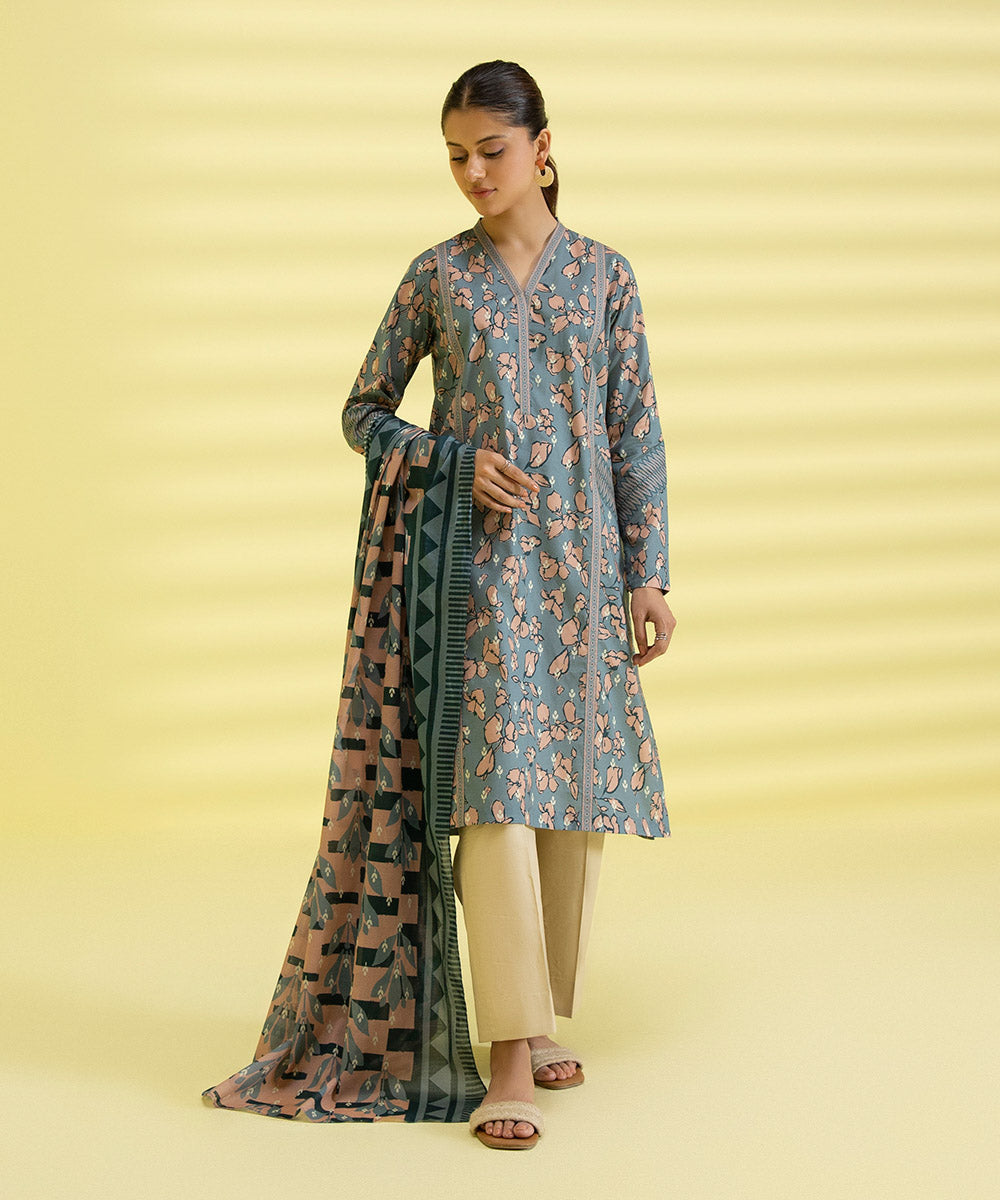 PRINTED LAWN SUIT - Tea Pink and Teal grey
