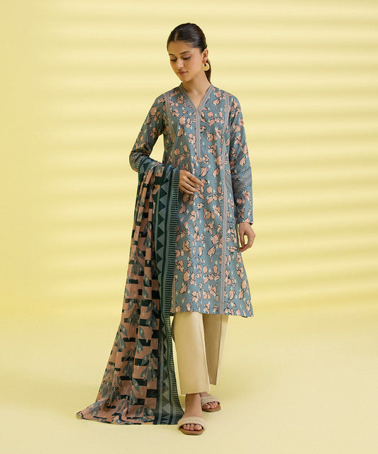 PRINTED LAWN SUIT - Tea Pink and Teal grey