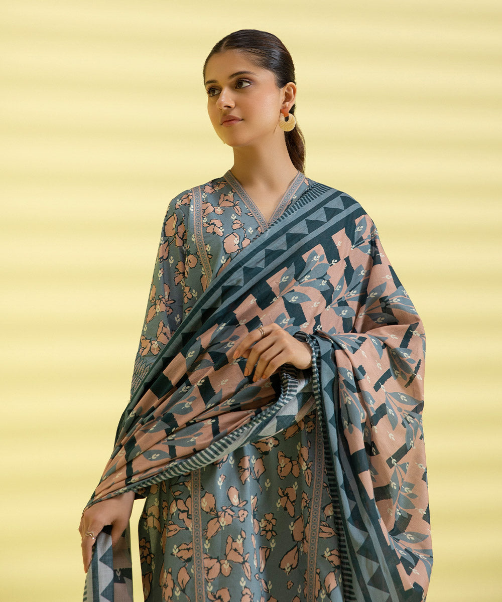PRINTED LAWN SUIT - Tea Pink and Teal grey