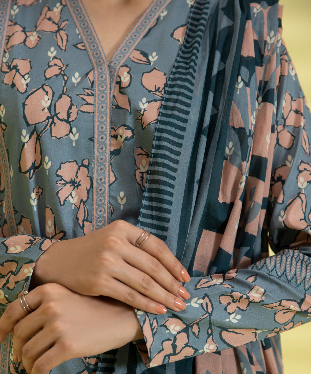 PRINTED LAWN SUIT - Tea Pink and Teal grey