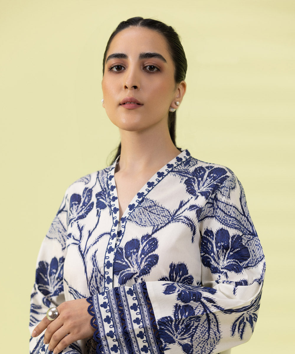 PRINTED LAWN SUIT - Indigo Blue and Off white