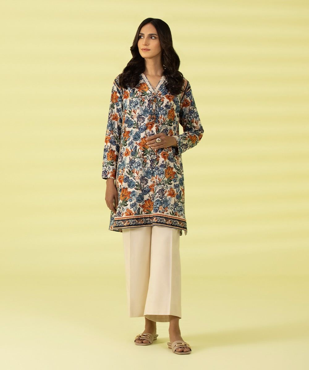 PRINTED LAWN SUIT - Off White and Blue
