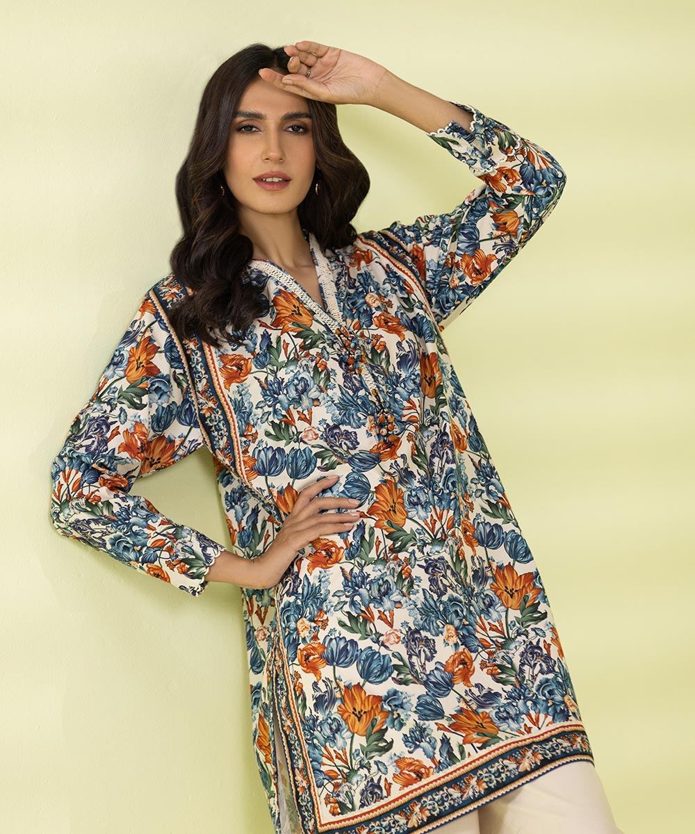 PRINTED LAWN SUIT - Off White and Blue
