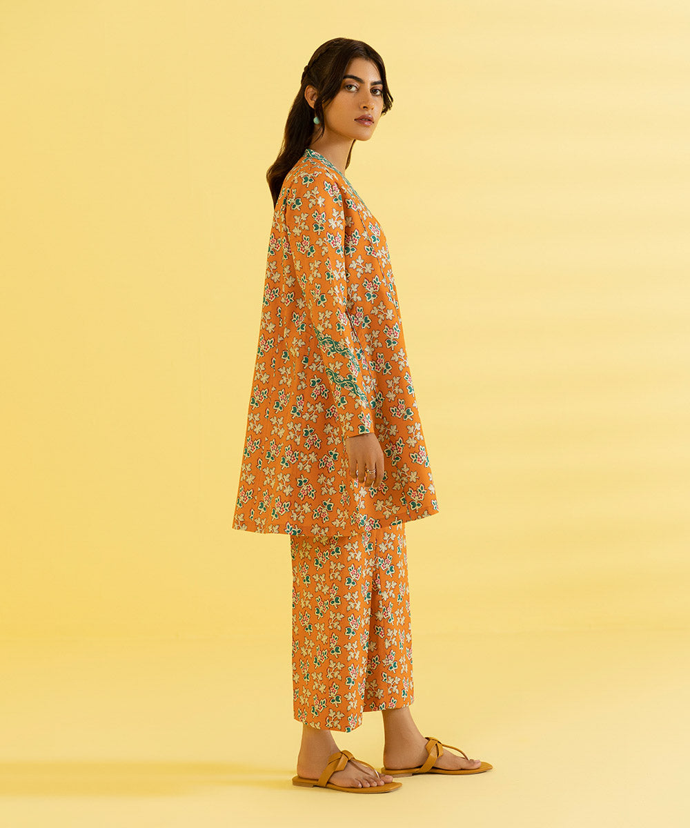 PRINTED LAWN SUIT - Tangerine