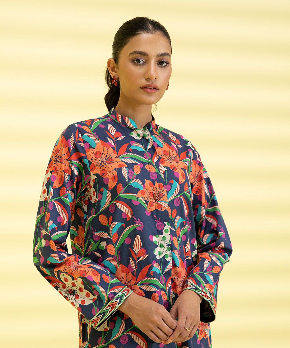 PRINTED LAWN SUIT - Navy Blue