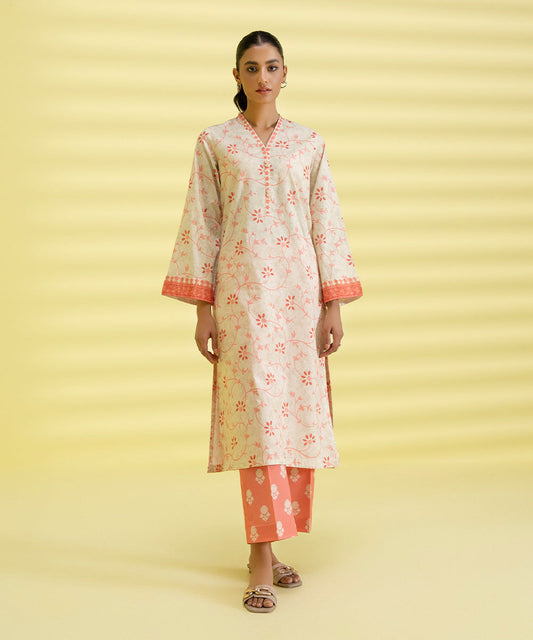 PRINTED LAWN SUIT - Ivory and Coral Pink