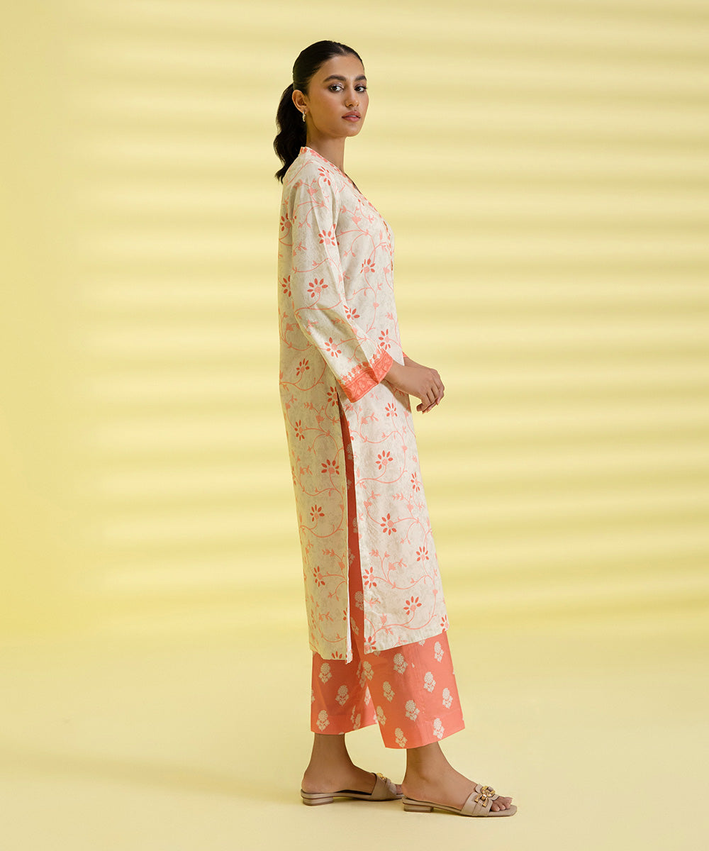 PRINTED LAWN SUIT - Ivory and Coral Pink