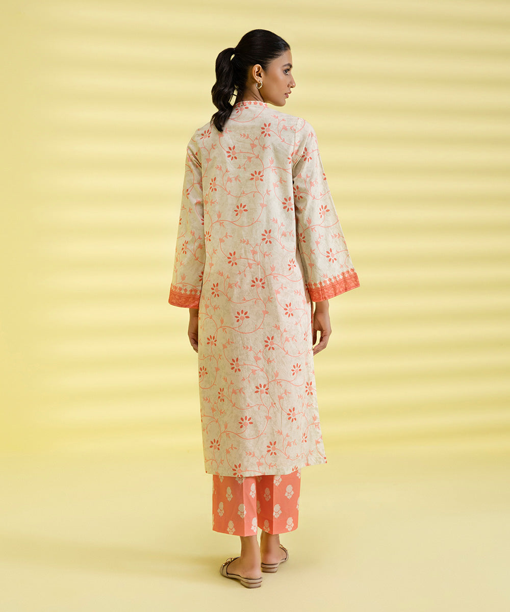 PRINTED LAWN SUIT - Ivory and Coral Pink