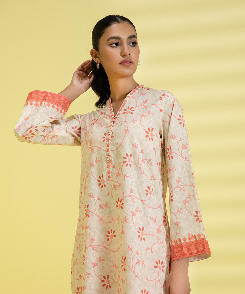 PRINTED LAWN SUIT - Ivory and Coral Pink