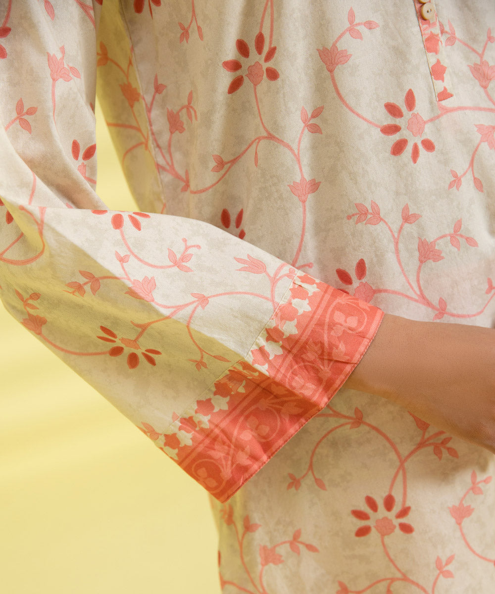 PRINTED LAWN SUIT - Ivory and Coral Pink